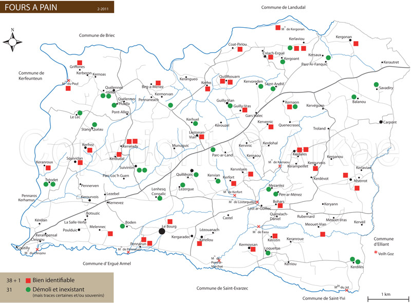 Arkae > Tresors archives > Patrimoine rural > Les fours à pain et boulangers Ergué-Gabéric > Carte état des fours